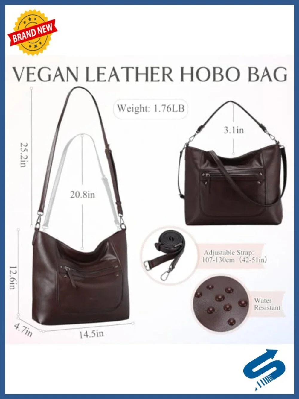 Vegan Leather Large Hobo Bag Tote with Convertible Crossbody Strap
